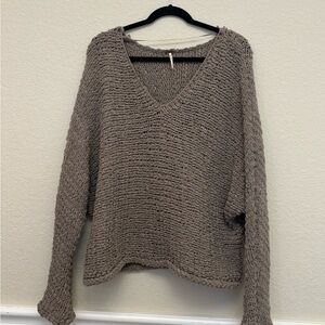 Free People Cozy Oversized Knit V-Neck Sweater - Brown/ grey